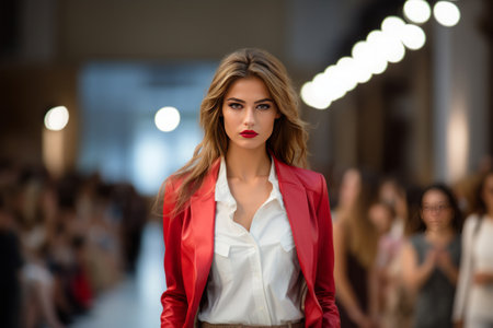 Fashion show. Female model shows off new collection of clothes at fashion week. Woman walks down the catwalkの素材
