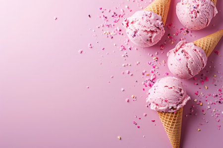 Vegan ice cream on pastel colored background. Ice cream cones in various flavors, close upの素材