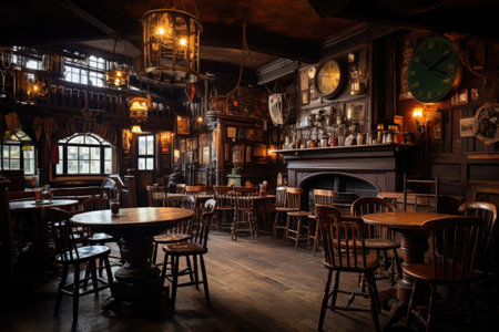 Traditional vintage pub interior. Restaurant with empty seatsの素材