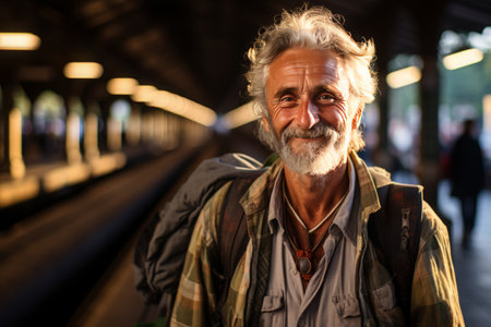 Portrait of happy senior man at railway station. Aged male passenger travellingの素材