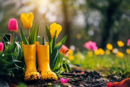 Spring background with yellow rubber boots in garden with blooming flowersの素材