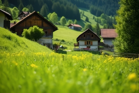 Village with residential houses in green valley against the background of mountains, Rural landscapeの素材