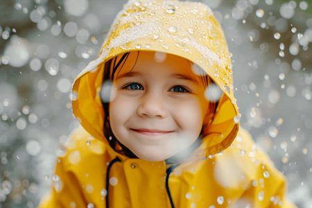 Boy in yellow raincoat, Child having fun on rainy dayの素材