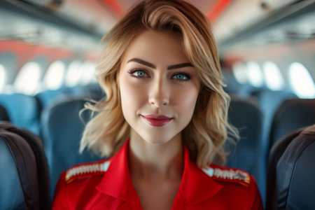 Beautiful female stewardess in airplane, Flight attendants on airplane board , Cabin crew on commercial airlinesの素材