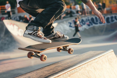 Teenager skateboarder doing trick with skateboard in skatepark, Leisure activity and extreme sport conceptの素材