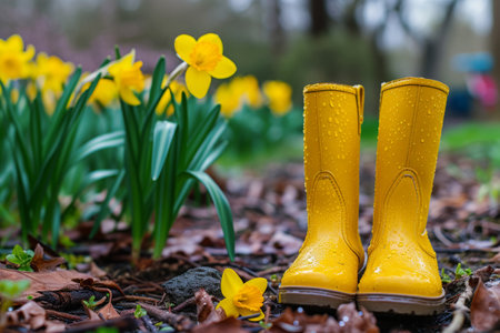 Spring background with yellow rubber boots in garden with blooming flowersの素材