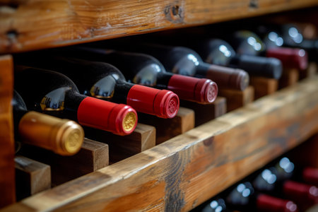Wine bottles stacked on wooden rack, Wine collections stored in cellar on shelfの素材