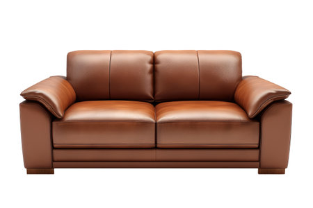 Brown leather sofa isolated on transparent background, front view. Modern couch for living room interior. Interior furnitureの素材