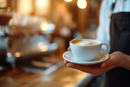 Waiter holding cup of coffee in cafe with morning light, Breakfast in restaurant, Man in apron serving coffeeの素材