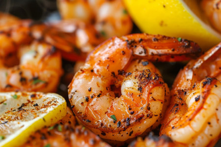 Grilled shrimps in plate served with lemon and spices, Seafood for healthy nutritionの素材