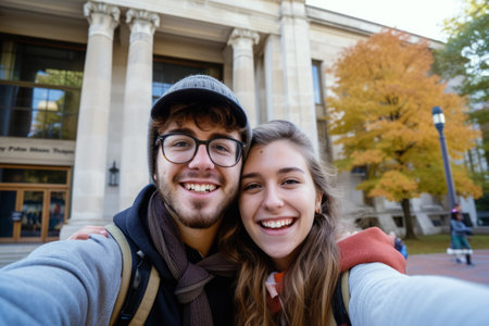 Students have fun together outdoors. Couple taking selfie against university buildingの素材