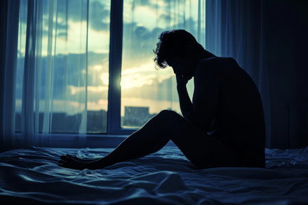 Silhouette of depressed man sitting on bed in front of window, Sleep problems due to stress, mental disorderの素材