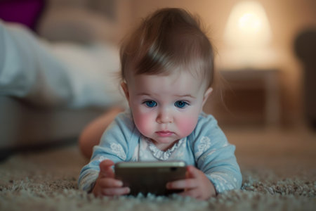 Baby using smartphone, Toddler holds mobile phone in hands, Baby addiction to gadgetsの素材