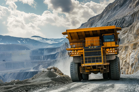 Yellow dump truck in quarry, Coal mining in an open pitの素材