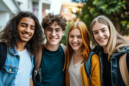 Students have fun together outdoors. Group of happy young people looking at cameraの素材