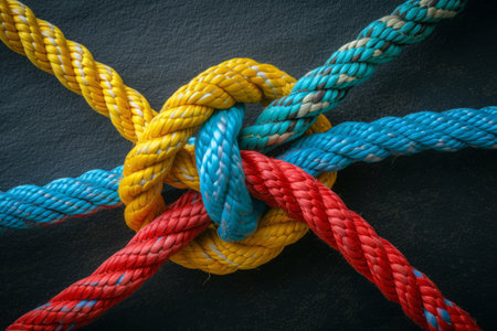 Rope knot on dark background, close up. Several colored ropes tied togetherの素材