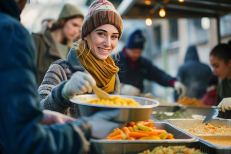 Volunteer serving food at a homeless shelter, Donate food to hungry peopleの素材