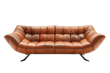 Brown leather sofa isolated on transparent background, front view. Modern couch for living room interior. Interior furnitureの素材