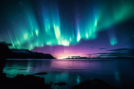 Northern lights in night sky over snowy mountains, Aurora Borealis over sea landscape, Beautiful Polar lightsの素材