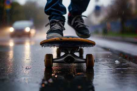 Teenager skateboarder doing trick with skateboard at street, Leisure activity and extreme sport conceptの素材