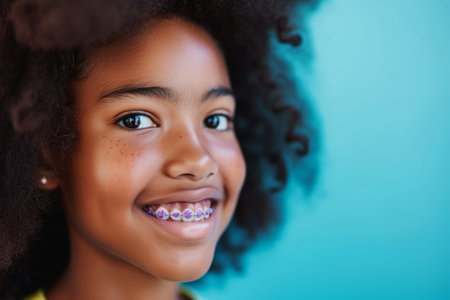 Smiling african american girl with dental braces on blue background, Orthodontic treatment, Teenager teeth correctionの素材