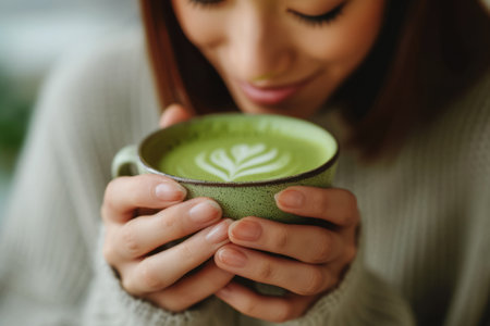 Woman drinks matcha tea in cafe, Close up shot of cup matcha latte in female handsの素材