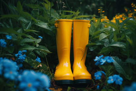 Spring background with yellow rubber boots in garden with blooming flowersの素材