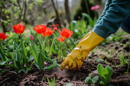 Woman takes care of flowers in soil. Gardener working in spring gardenの素材