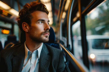 Handsome man rides bus to work, Stylish modern man in formal suit and tie uses public transport to get to meeting, city life