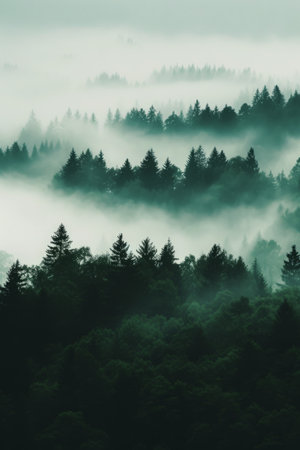 Trees silhouettes, vertical shot. Moody foggy forest in nature landscape. Minimalistic background for social media post or smartphone wallpaperの素材