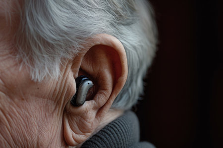 Ear of an elderly person with hearing aid, Hearing problems in old ageの素材