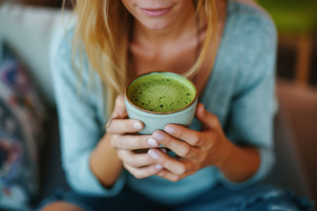 Woman drinks matcha tea in cafe, Close up shot of cup matcha latte in female handsの素材