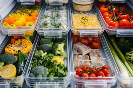 Lunch boxes with prepared food for healthy nutrition in refrigerator. Catering service for balanced diet. Containers with frozen everyday mealsの素材