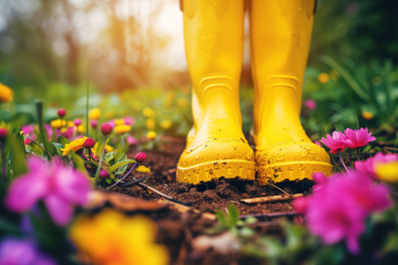 Spring background with yellow rubber boots in garden with blooming flowersの素材