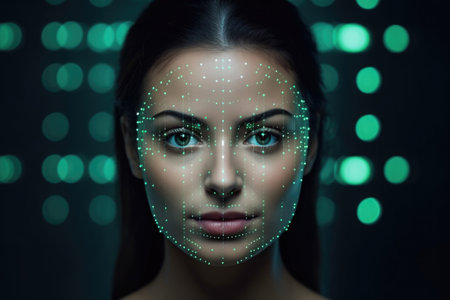 Front view portrait of attractive beautiful woman with scanning grid on her face against abstract background. Digital system for face id. Concept of security and facial recognitionの素材