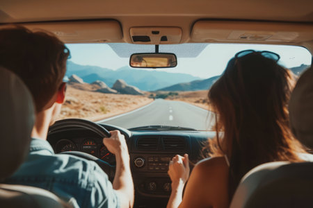 Couple driving car on country road with beautiful nature landscape, rear view. Road trip and weekend activities concept. Summer holidaysの素材