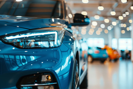 Cropped image of new car in dealers showroom. Detail of luxury car for lease in rent office. Car sales businessの素材