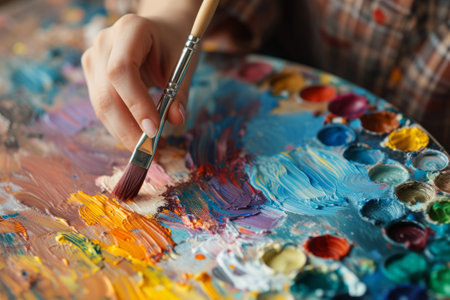 Paintbrush in woman hands mixing paints on palette, Artist works in creative studioの素材