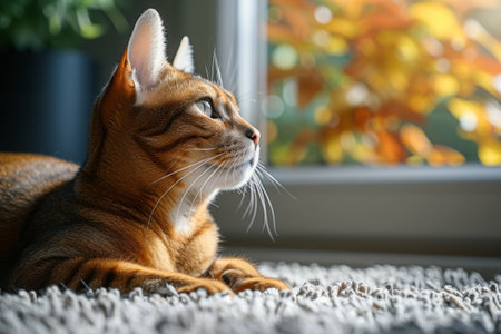 Cat resting on the floor in living room, Cute kitten lying in carpet at home, Funny petの素材