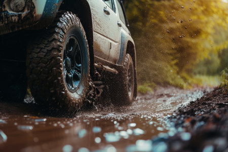 Cropped image of SUV car at off-road. Adventure driving through dirt road. Extreme terrain exploration with 4x4 vehicleの素材