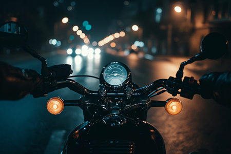 Cropped image of motorbike with glowing headlamp in the night. Stunning night cityscape featuring a sleek motorcycle cruising through illuminated streetsの素材
