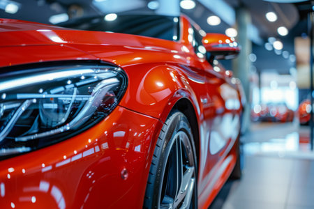 Cropped image of new car in dealers showroom. Detail of luxury car for lease in rent office. Car sales businessの素材