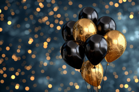 Golden and black balloons against abstract background. Festive composition for celebration. Banner with copy spaceの素材