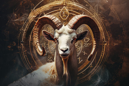 Capricorn zodiac sign against horoscope wheel. Astrology calendar. Esoteric horoscope and fortune telling concept.の素材