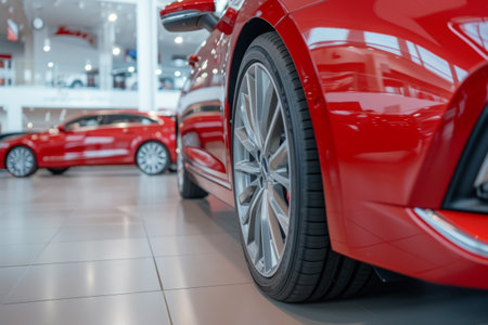 Cropped image of new car in dealers showroom. Detail of luxury car for lease in rent office. Car sales businessの素材