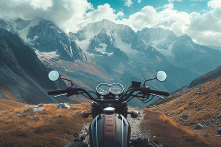 Motorbike in mountains landscape, first point view. Road trip by motorcycle. Travel conceptの素材
