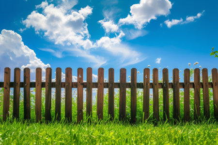 Garden fence with green grass and blue sky at summer day, Wooden fence to protect the backyardの素材
