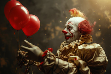 Funny clown on background with festive balloons. Banner for April Fools Dayの素材