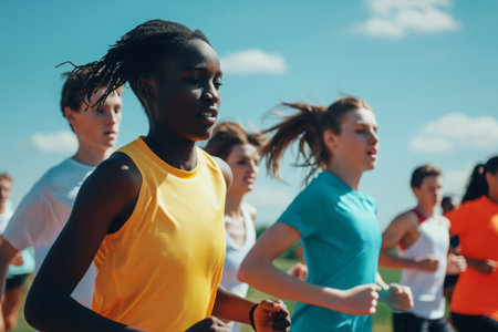 Happy teenagers running together. Group of joyful young athletes enjoying run. Diverse children competing in running raceの素材