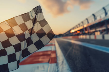 Waving checkered flag with racing track in background. Racing finish flag in motorsportの素材